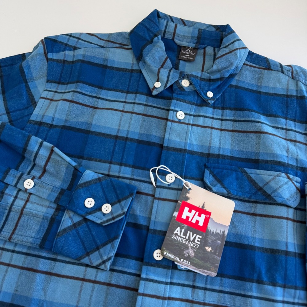 Helly Hansen Organic Cotton Classic Check Long Sleeve Flannel Blue Men Small NWT